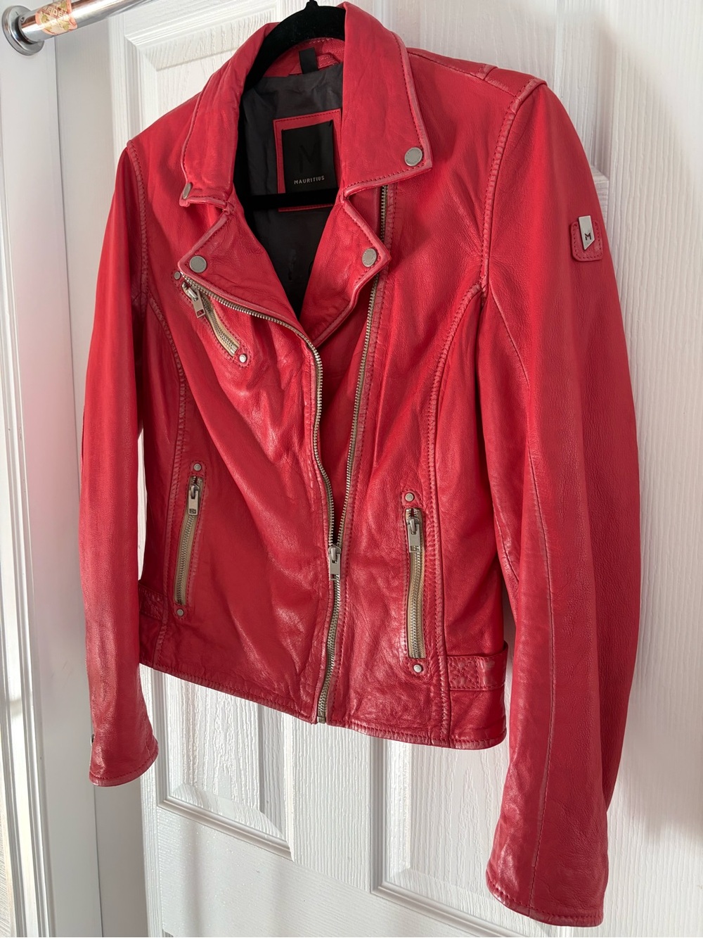 Mauri Red Leather Moto Jacket with Silver Zippers